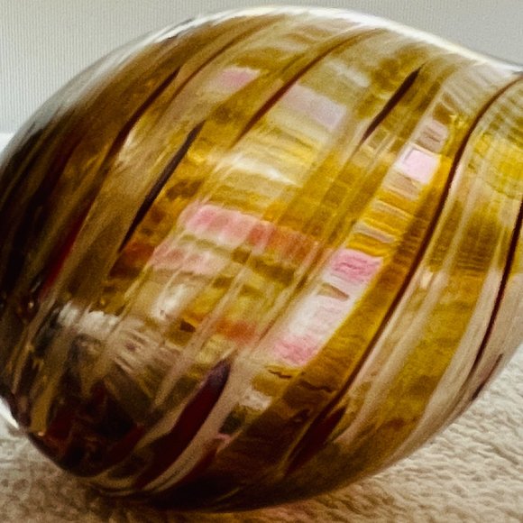 EUC Handblown Glass Ornament, Amber w/Wht, Red & Gold Brush Strokes, 4" T x 2" D - Picture 4 of 7